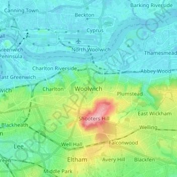 Mappa topografica Woolwich, altitudine, rilievo