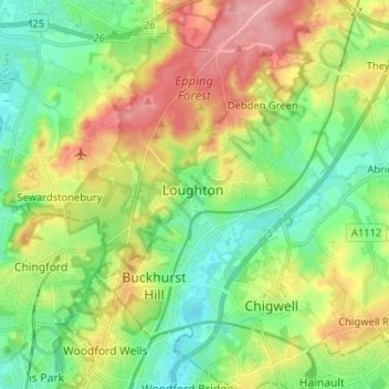 Mappa topografica Loughton, altitudine, rilievo