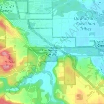 Mappa topografica Koksilah, altitudine, rilievo