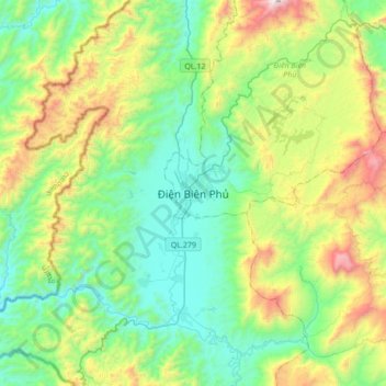 Mappa topografica Dien Bien Phu, altitudine, rilievo