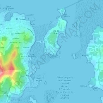 Mappa topografica La Toja, altitudine, rilievo