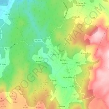 Mappa topografica Dumbría, altitudine, rilievo