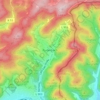 Mappa topografica Puderbach, altitudine, rilievo
