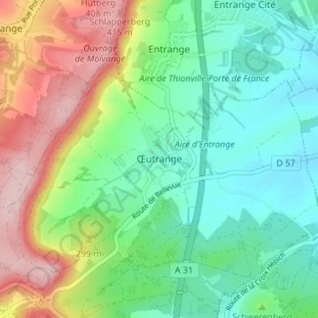 Mappa topografica Œutrange, altitudine, rilievo