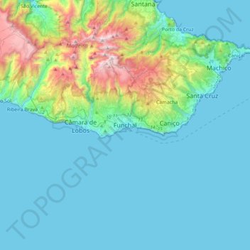Mappa topografica Funchal, altitudine, rilievo