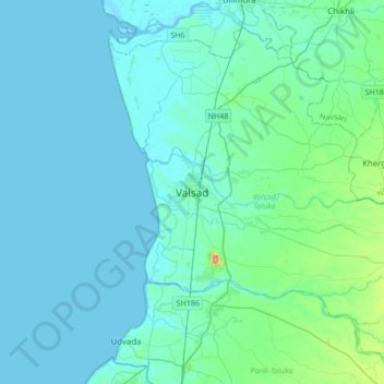 Mappa topografica Valsad, altitudine, rilievo