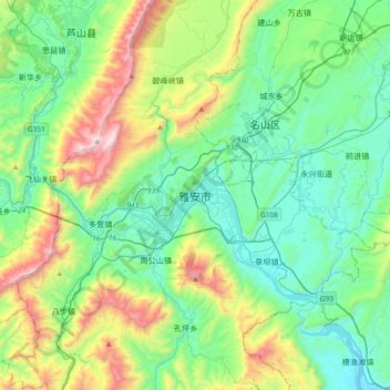 Mappa topografica 雅安市, altitudine, rilievo