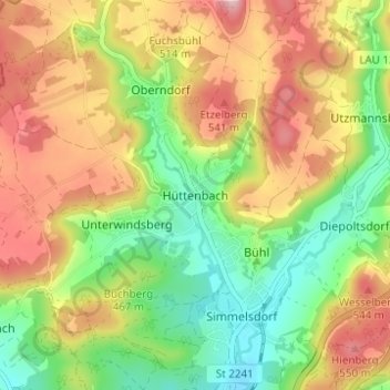 Mappa topografica Hüttenbach, altitudine, rilievo