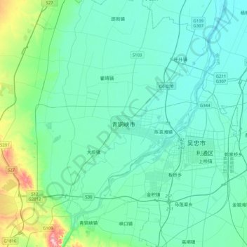 Mappa topografica 青铜峡市, altitudine, rilievo