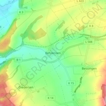 Mappa topografica Behrensen, altitudine, rilievo