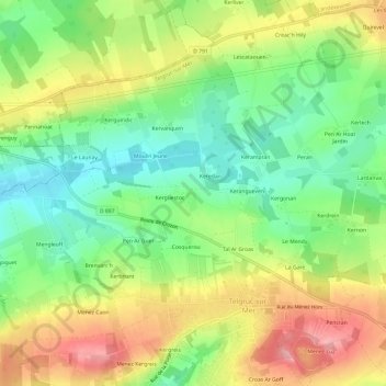 Mappa topografica Pennarun, altitudine, rilievo