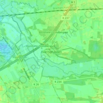 Mappa topografica Everinghausen, altitudine, rilievo