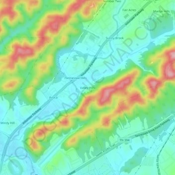 Mappa topografica Valley Hills, altitudine, rilievo