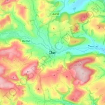 Mappa topografica Clun, altitudine, rilievo
