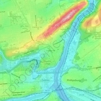 Mappa topografica College Hill, altitudine, rilievo