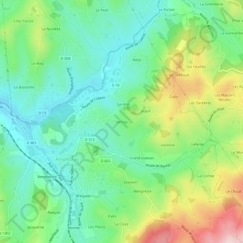 Mappa topografica Vernay, altitudine, rilievo