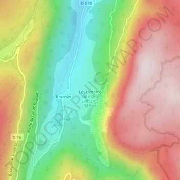 Mappa topografica Gîte des Liottards, altitudine, rilievo