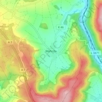 Mappa topografica Wehrda, altitudine, rilievo
