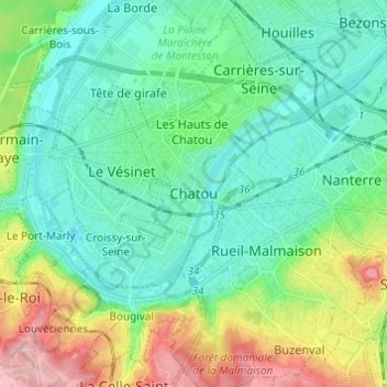 Mappa topografica Chatou, altitudine, rilievo