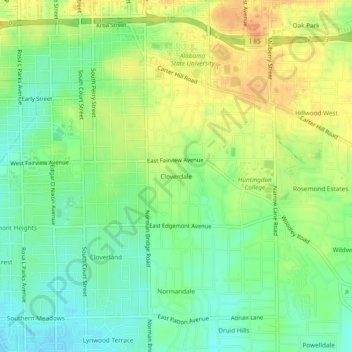 Mappa topografica Cloverdale, altitudine, rilievo