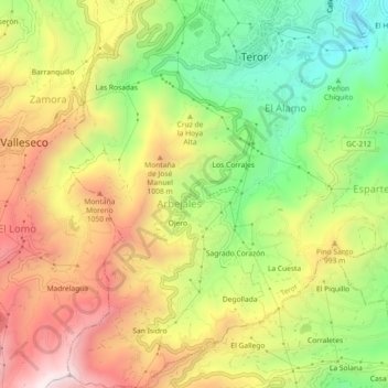 Mappa topografica Ojero, altitudine, rilievo