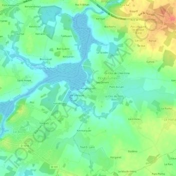 Mappa topografica Kergouguec, altitudine, rilievo