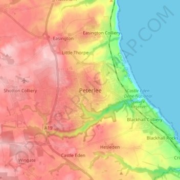 Mappa topografica Peterlee, altitudine, rilievo
