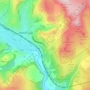 Mappa topografica Hathersage Booths, altitudine, rilievo