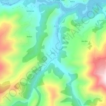 Mappa topografica Tuña, altitudine, rilievo