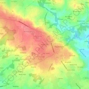 Mappa topografica Ker an Tach, altitudine, rilievo