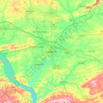 Mappa topografica Lancaster, altitudine, rilievo