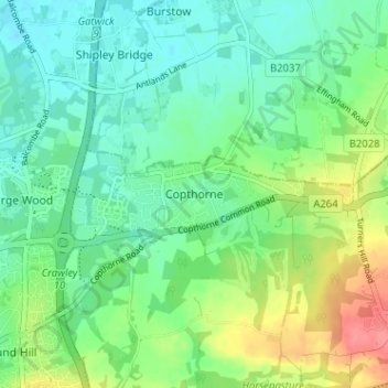 Mappa topografica Copthorne, altitudine, rilievo