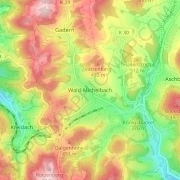 Mappa topografica Wald-Michelbach, altitudine, rilievo