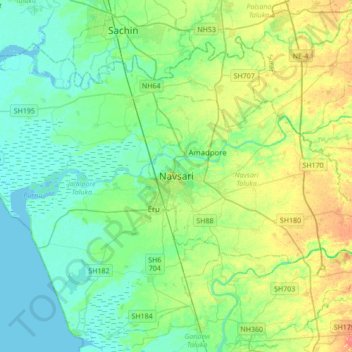 Mappa topografica Navsari, altitudine, rilievo