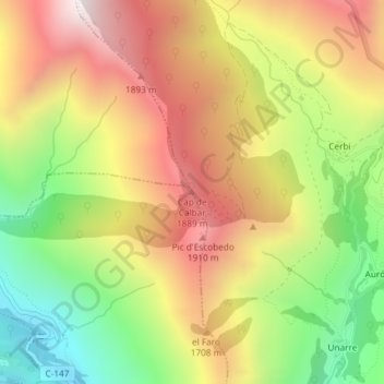 Mappa topografica Cap de Calbar, altitudine, rilievo