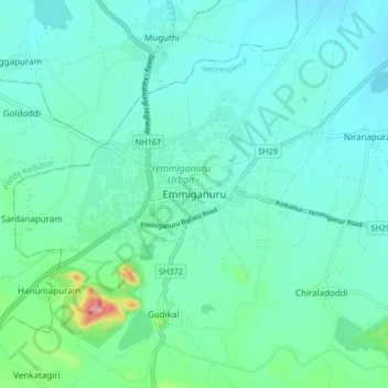 Mappa topografica Emmiganuru, altitudine, rilievo