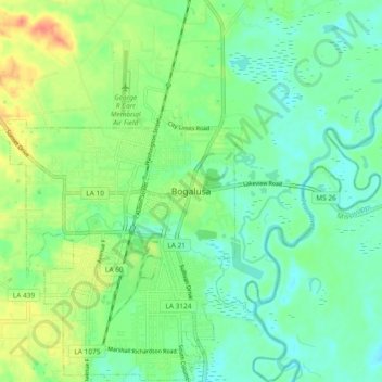 Mappa topografica Bogalusa, altitudine, rilievo