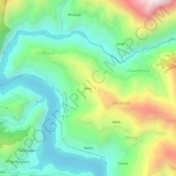 Mappa topografica Gwar, altitudine, rilievo