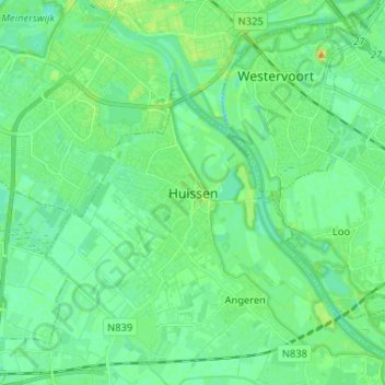 Mappa topografica Huissen, altitudine, rilievo