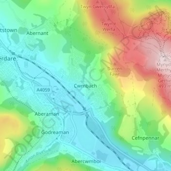 Mappa topografica Cwmbach, altitudine, rilievo