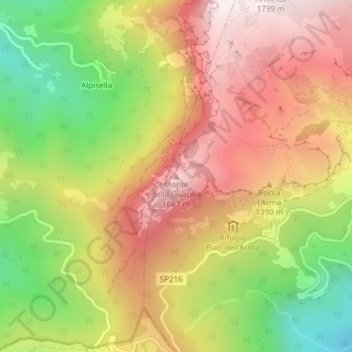 Mappa topografica Monte della Guardia, altitudine, rilievo
