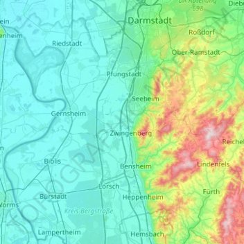 Mappa topografica Alsbach-Hähnlein, altitudine, rilievo
