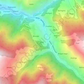 Mappa topografica Jhutli, altitudine, rilievo