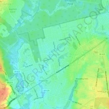 Mappa topografica Woodlawn, altitudine, rilievo