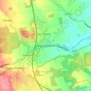 Mappa topografica Nether Langwith, altitudine, rilievo