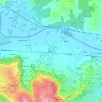 Mappa topografica Daudevie, altitudine, rilievo