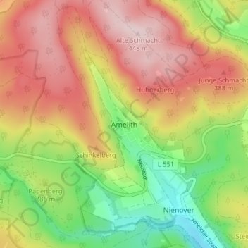 Mappa topografica Amelith, altitudine, rilievo