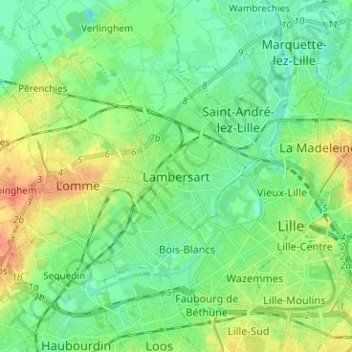 Mappa topografica Lambersart, altitudine, rilievo