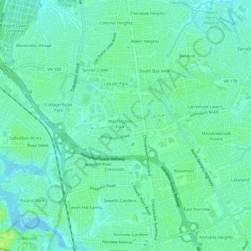 Mappa topografica Oakwood, altitudine, rilievo