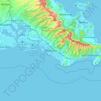 Mappa topografica Honolulu, altitudine, rilievo